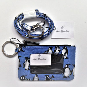 Vera Bradley Lanyard Zip ID Playful Penguins Blue